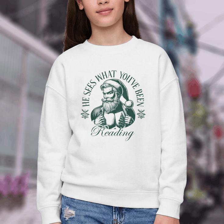 He Sees What You'Ve Been Reading Bookish Christmas Youth Crewneck Sweatshirt