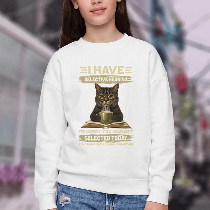 i Have Selective Hearing Cat Coffee Books Retro Youth Crewneck Sweatshirt
