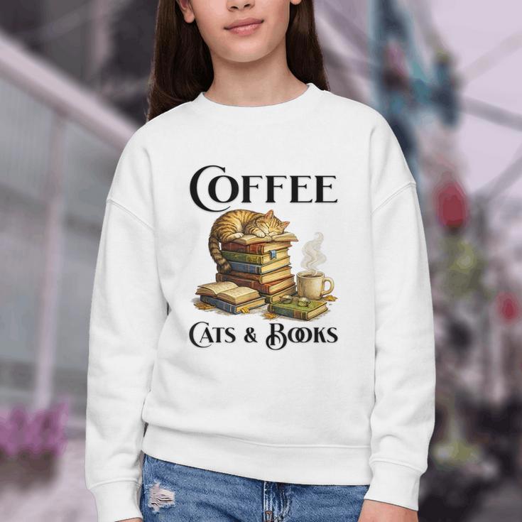 Sleeping Cat And Books With Coffee Lover Youth Crewneck Sweatshirt