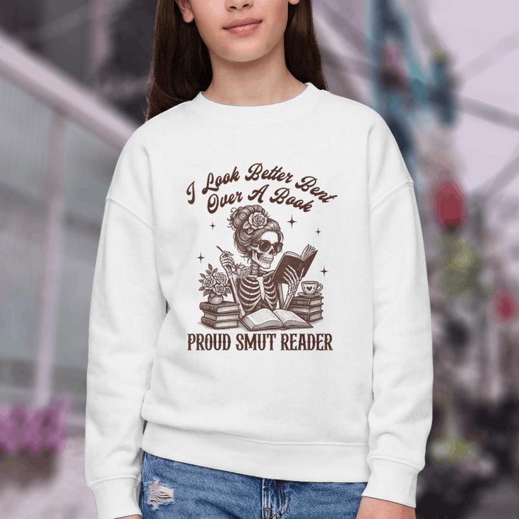 Smut Reader Spicy Romance Look Better Bent That Over A Book Youth Crewneck Sweatshirt