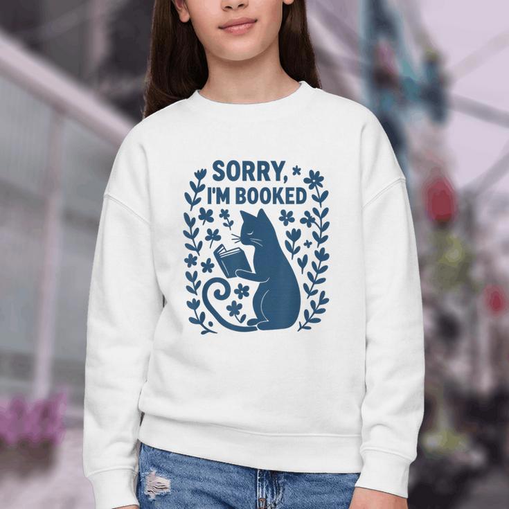 Sorry I'm Booked Cat Reading Book Boho Flowers Vintage Youth Crewneck Sweatshirt