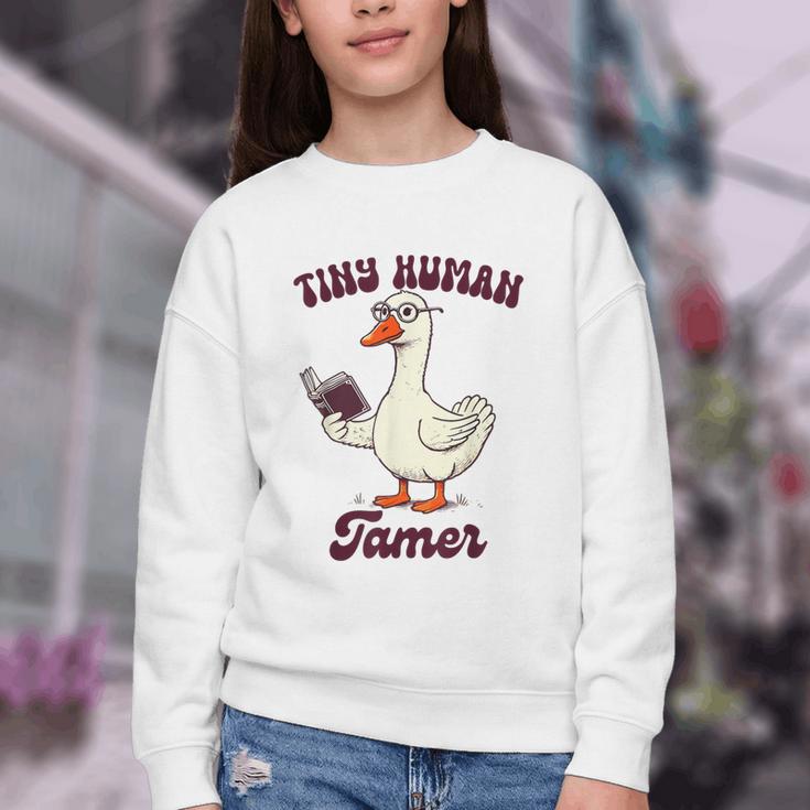 Teacher Silly Goose Reading Book Teaching Tiny Human Tamer Youth Crewneck Sweatshirt