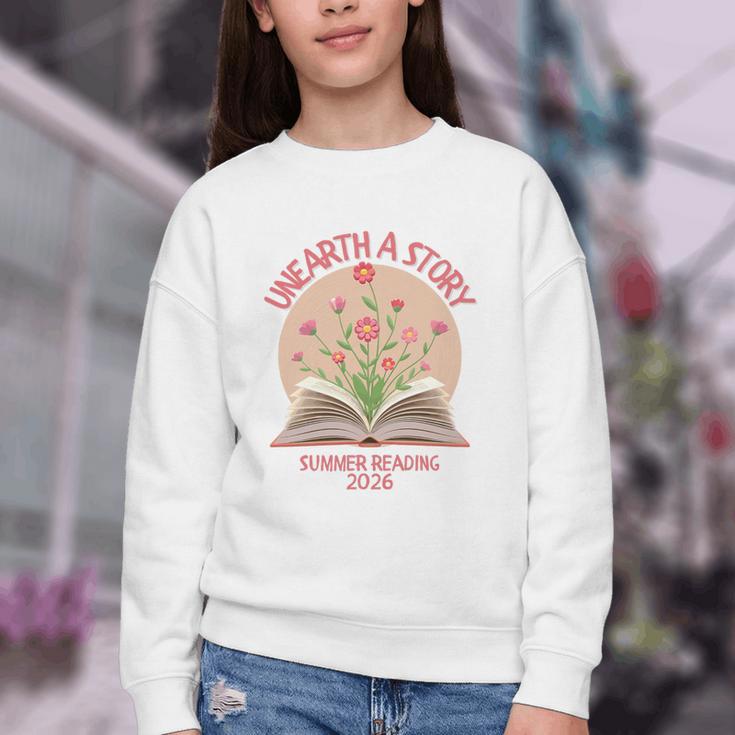 Unearth a Story 2026 Summer Reading Program Flowers Book Premium Tri-Blend Youth Crewneck Sweatshirt