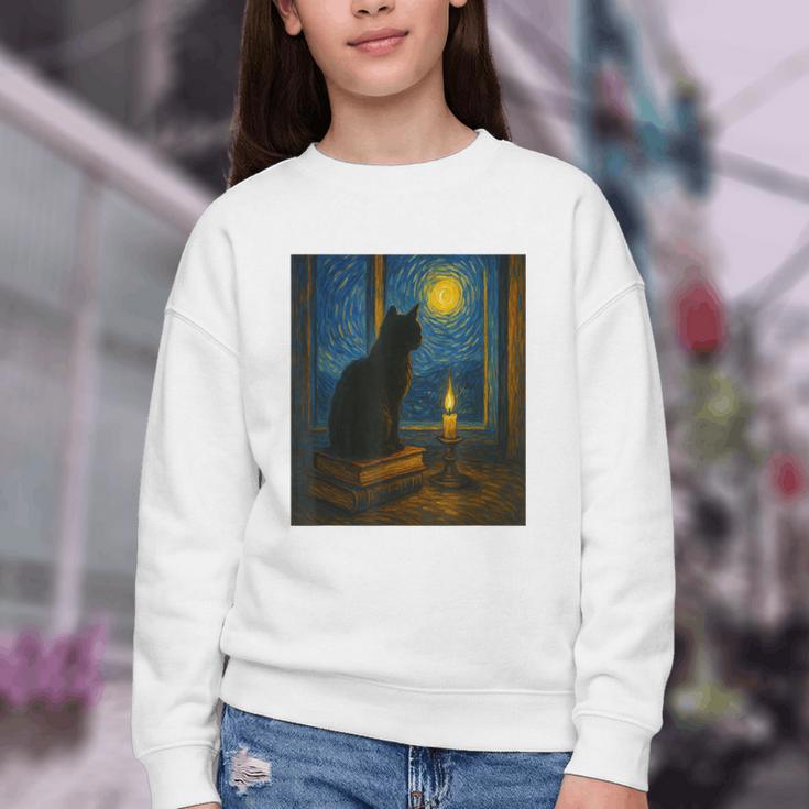 Van Gogh Starry Night Art Cat And Book Lovers Youth Crewneck Sweatshirt