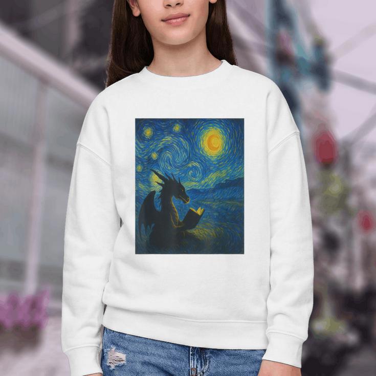 Van Gogh Starry Night Fantasy Reader Dragon Reading Book Youth Crewneck Sweatshirt