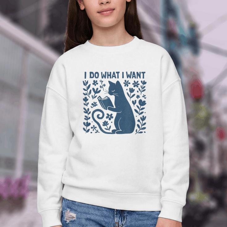 I Do What I Want Cat Reading Book Boho Flowers Vintage Youth Crewneck Sweatshirt