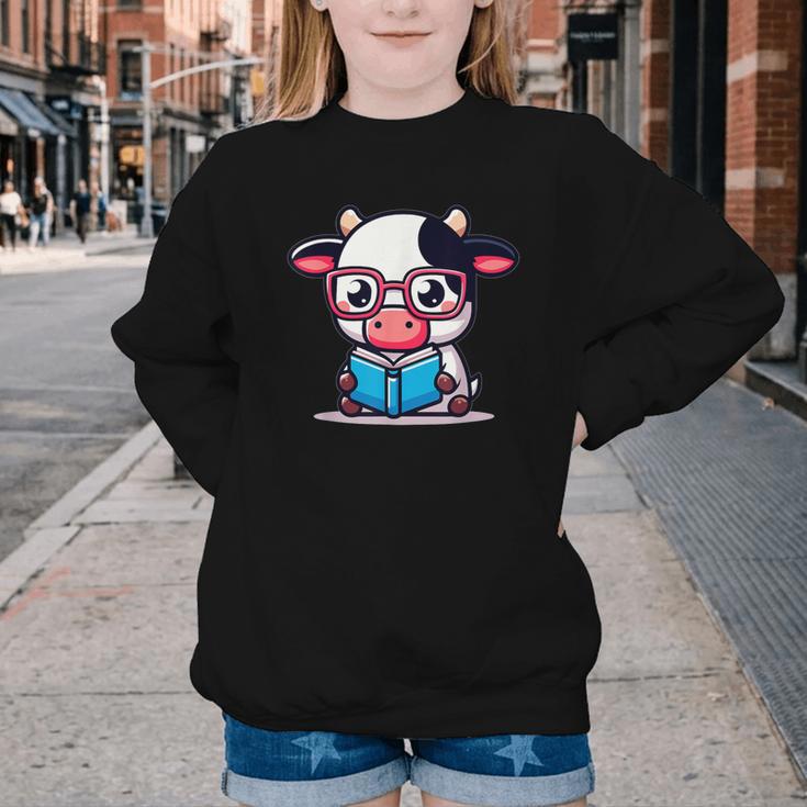 Adorable Book Lover Cow With Reading Glasses Cute Youth Crewneck Sweatshirt