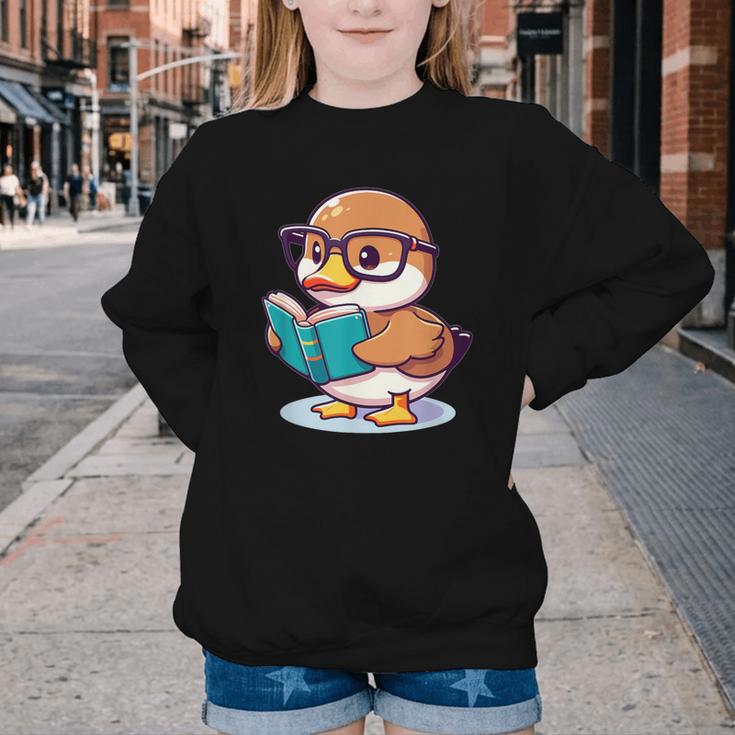 Adorable Book Lover Mallard Duck With Reading Glasses Cute Youth Crewneck Sweatshirt