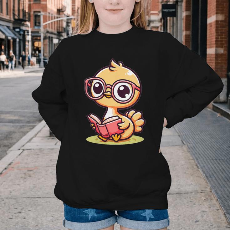 Adorable Book Lover Ostrich With Reading Glasses Cute Youth Crewneck Sweatshirt