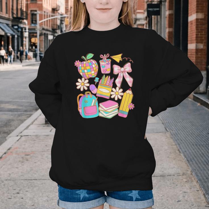 Apple Disco Pencil Books Bow Teacher Student Back To School Youth Crewneck Sweatshirt