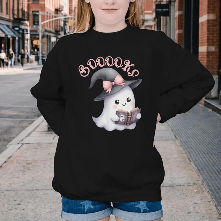 Boo Ghost Books Coquette Bow Halloween Women School Teacher Youth Crewneck Sweatshirt