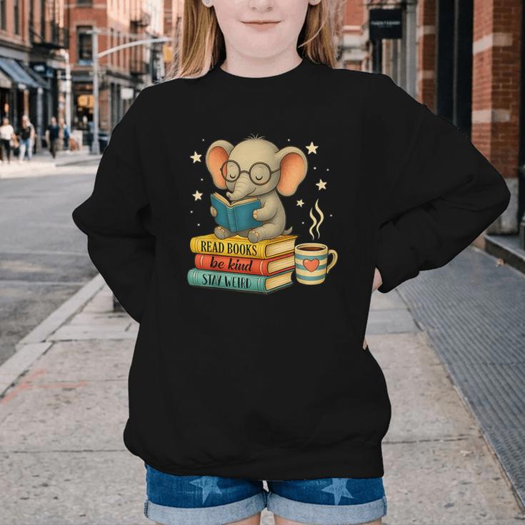 Book Lover Elephant Reading Books Library Read Books Be Kind Youth Crewneck Sweatshirt