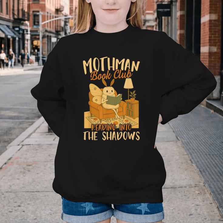 Book Lover Moth Mothman Book Club Reading Into Shadows Youth Crewneck Sweatshirt Book Lover Moth Mothman Book Club Reading Into Shadows Youth Crewneck Sweatshirt