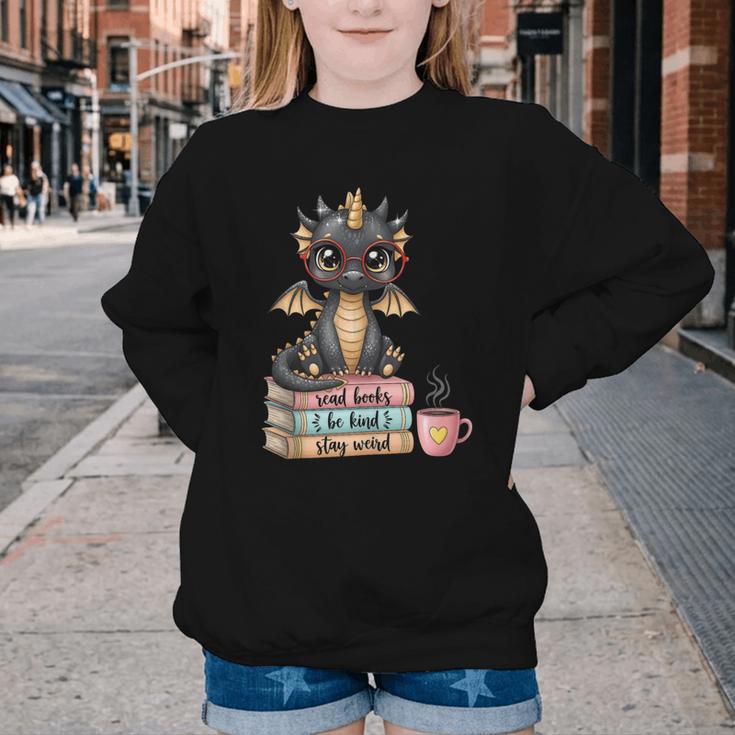 Book Lover Stay Weird Be Kind Read Books Baby Dragon Youth Crewneck Sweatshirt