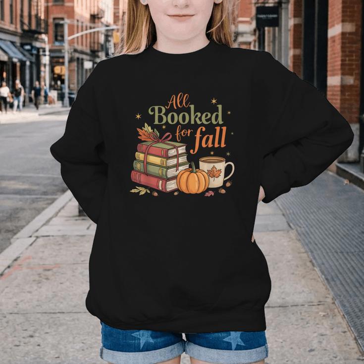 All Booked For Fall Books Coffee Fall Leaves Pumpkins Autumn Youth Crewneck Sweatshirt