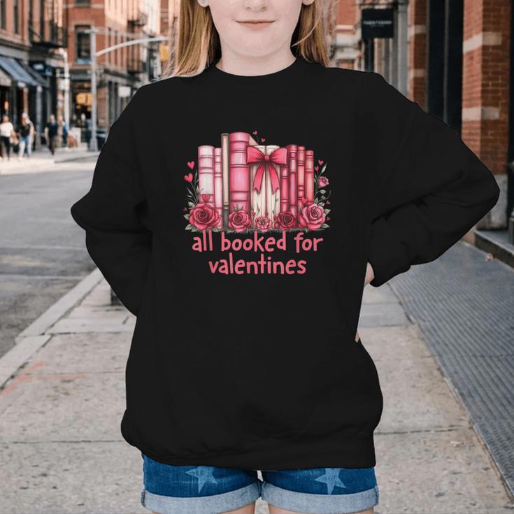 All Booked For Valentines Coquette Bow Book Lover Bookworm Youth Crewneck Sweatshirt
