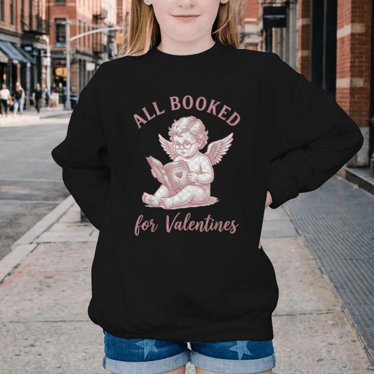 All Booked For Valentines Cute Cherub Vintage Book Lover Youth Crewneck Sweatshirt