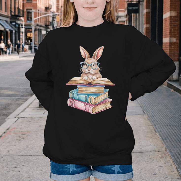 Books Bookworm Reader Book Cute Reading Bunny With Glasses Youth Crewneck Sweatshirt