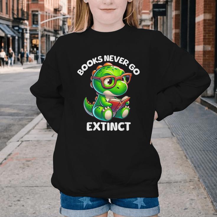 Books Never Go Extinct Reading Dinosaur Bookish Nerdy Youth Crewneck Sweatshirt