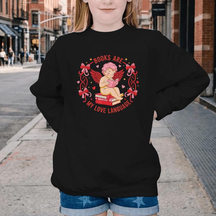 Books Are My Love Language Cupid Reading Book Valentines Day Youth Crewneck Sweatshirt