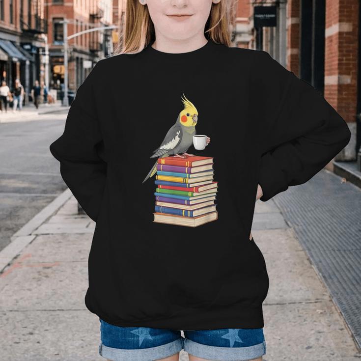 Bookworm Cockatiel Bird Reading Books Drinking Coffee Lover Youth Crewneck Sweatshirt