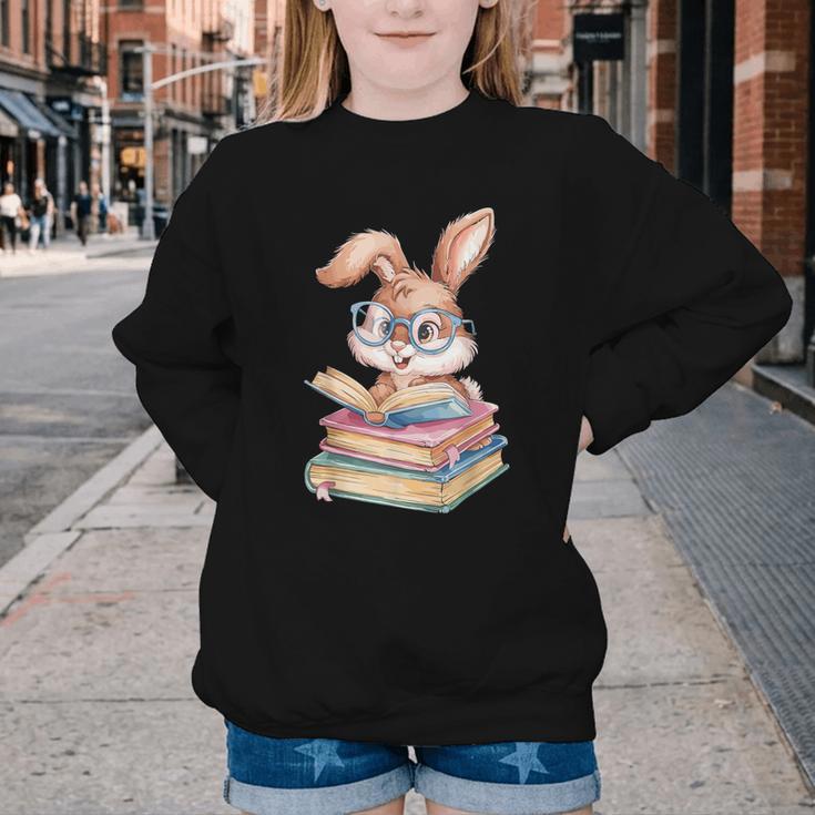 Bunny Rabbit Reading Books Rabbit Books Bunny Reader Youth Crewneck Sweatshirt