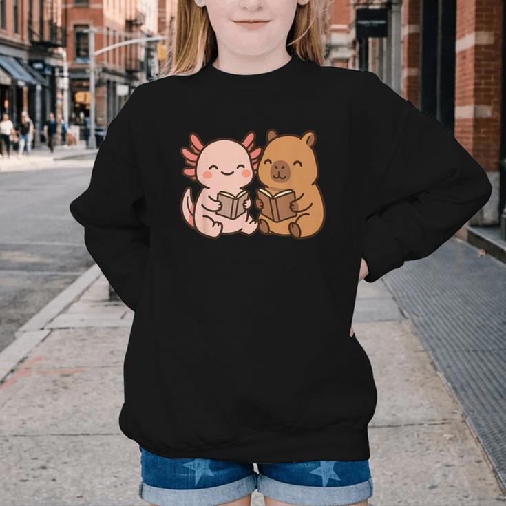 Capybara Axolotl Kawaii Kids Anime Book Lover Reading Youth Crewneck Sweatshirt Capybara Axolotl Kawaii Kids Anime Book Lover Reading Youth Crewneck Sweatshirt