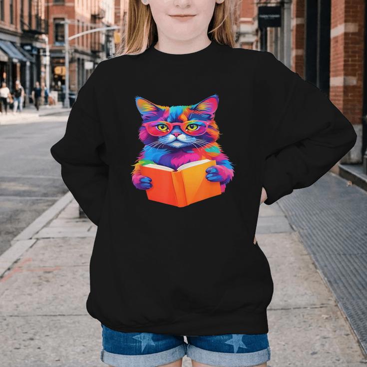 Cat Book Shirt Colorful Cat Reading Book Youth Crewneck Sweatshirt