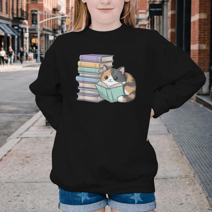 Cat On Books Pets Cats Reading Book Nerd Read Reader Bookcat Youth Crewneck Sweatshirt
