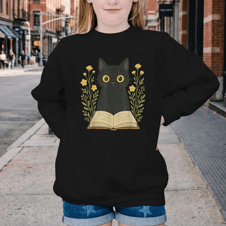 Cat Reading Book Flowers Youth Crewneck Sweatshirt