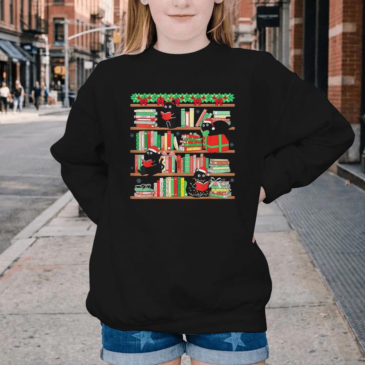 Christmas Cat Santa Bookshelves Book Lover Reader Youth Crewneck Sweatshirt