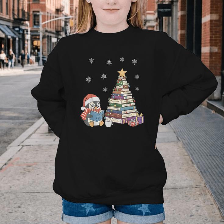 Christmas A Penguin Reading Book Snowflake Cocoa Hot Teacher Youth Crewneck Sweatshirt