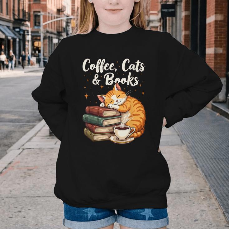 Coffee Cats & Books Lover For Women & Girls Coffee Youth Crewneck Sweatshirt