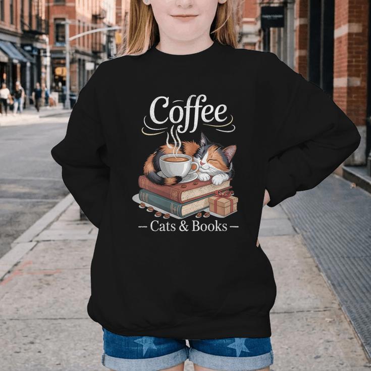 Coffee Cats And Books Cozy Calico Reader Love Cute Cat Youth Crewneck Sweatshirt