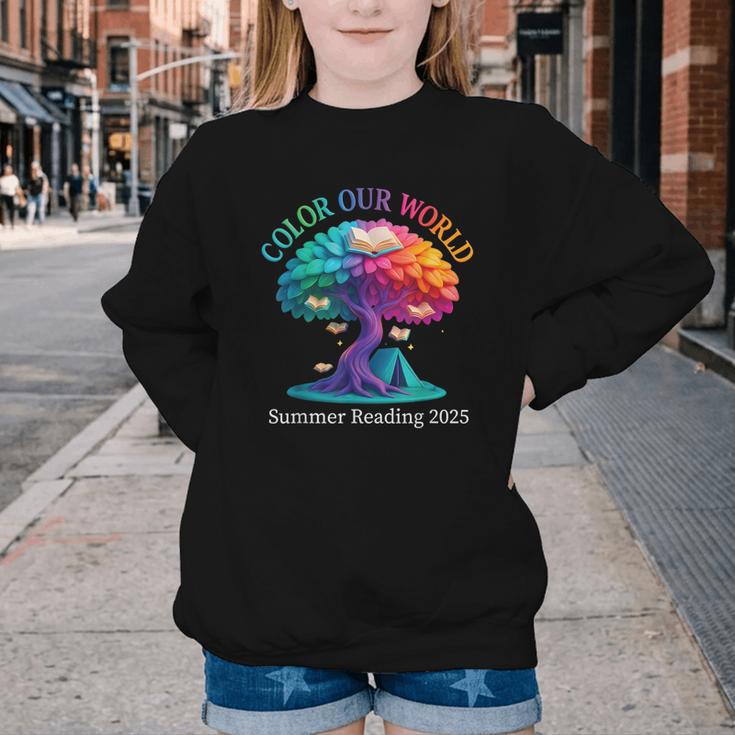 Color Our World Summer Reading 2025 Tree Book Lover Camping Youth Crewneck Sweatshirt