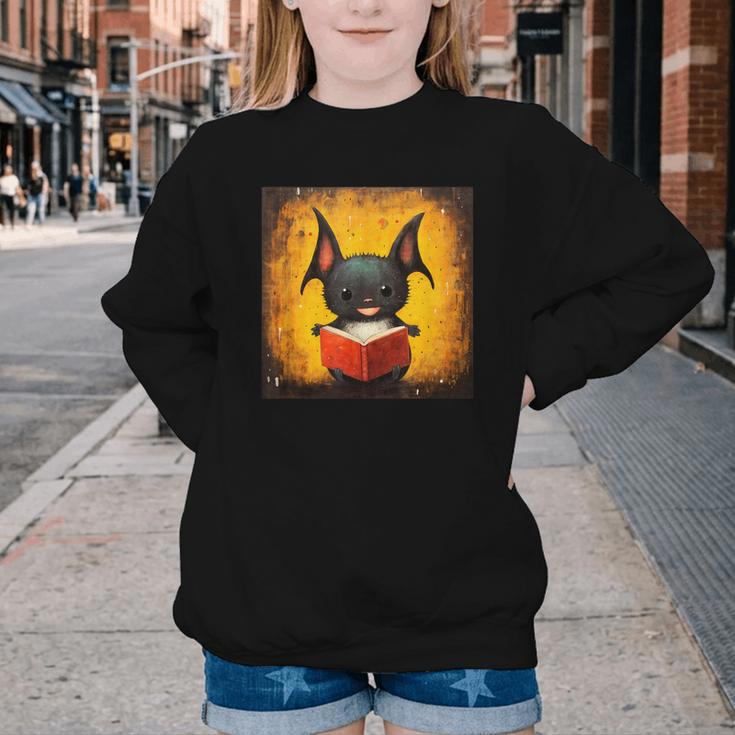 Colorful Sketch Oil Painting Of A Bat Reading Book Youth Crewneck Sweatshirt