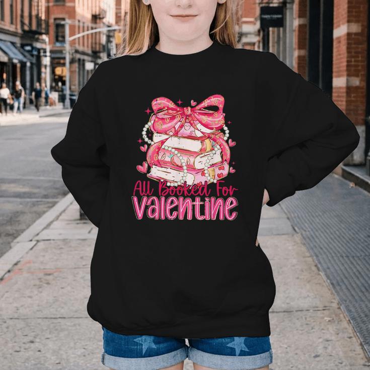 Coquette Bow All Booked For Valentine Book Lover Bookish Youth Crewneck Sweatshirt
