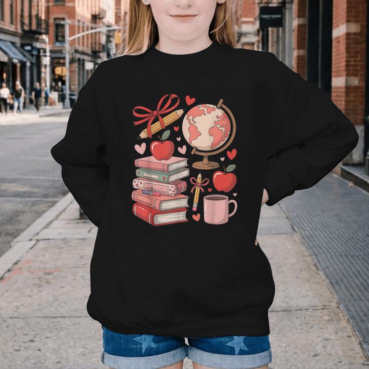 Coquette Teacher School Supplies Bows Books Globe Apple Cute Youth Crewneck Sweatshirt