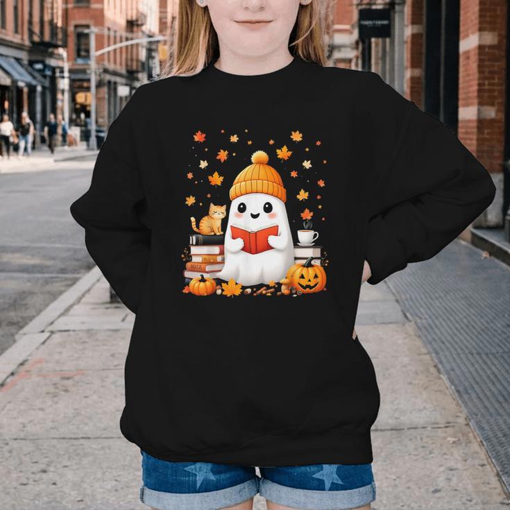 Cute Beanie Ghost Bookworm Cozy Book Reading Halloween Youth Crewneck Sweatshirt