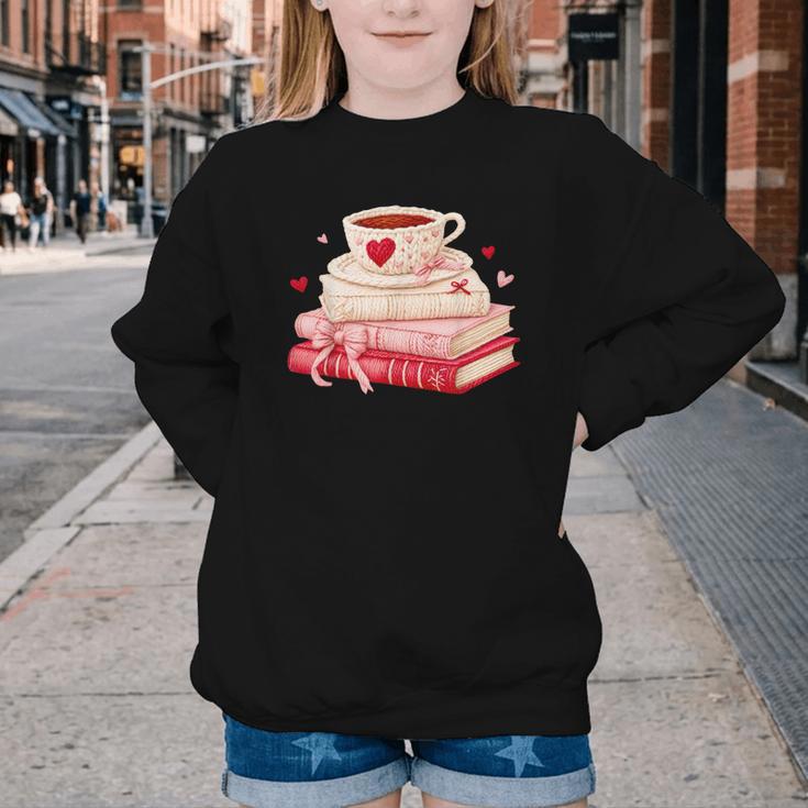 Cute Books And Coffee Crochet Valentines Day Tee For Couples Youth Crewneck Sweatshirt
