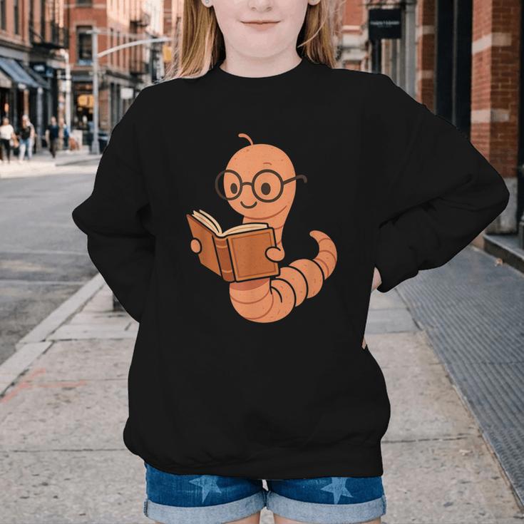 Cute Bookworm Worm Reading Book Glasses Nerdy Youth Crewneck Sweatshirt