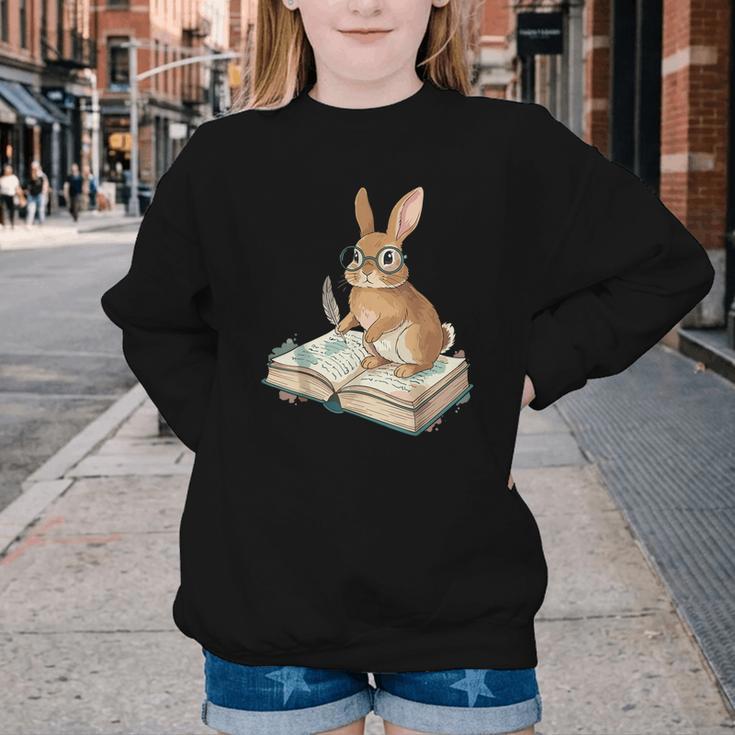 Cute Bunny Reading Book Glasses Bookworm Youth Crewneck Sweatshirt