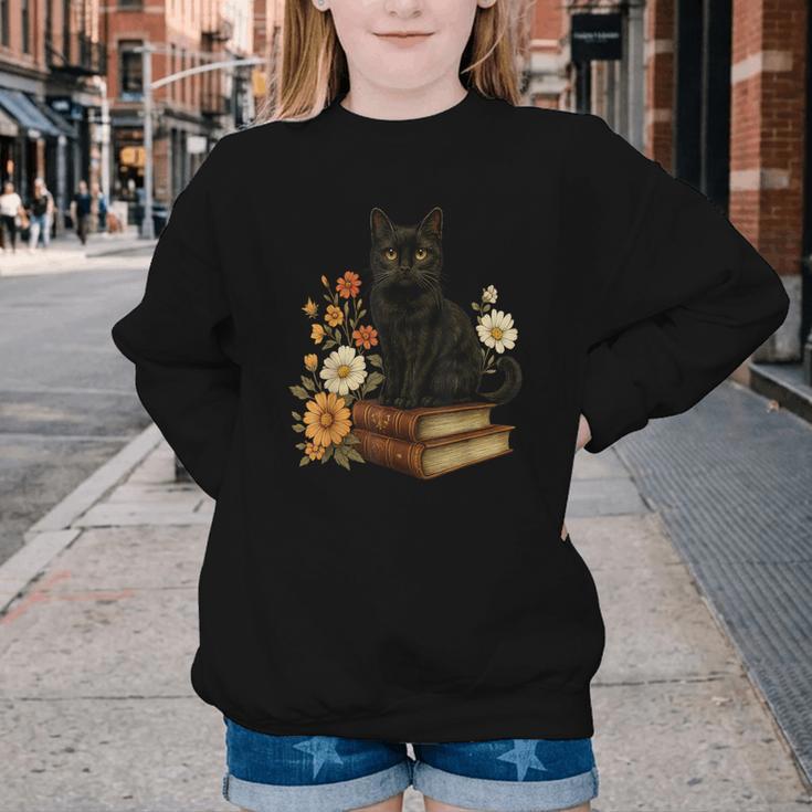 Cute Cat Book Flowers Youth Crewneck Sweatshirt