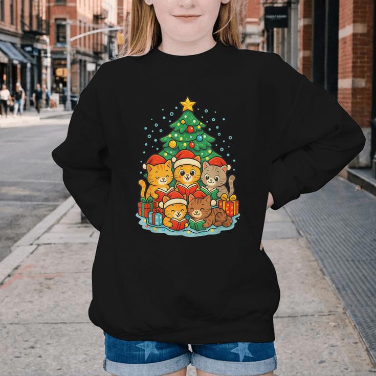 Cute Cats Reading Books Christmas Tree Youth Crewneck Sweatshirt