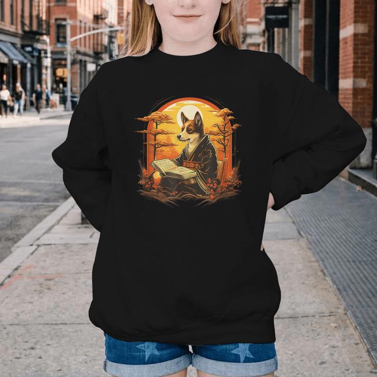 Cute Corgi Dog In Japanese Kimono With Book Men Women Girls Kids Youth Crewneck Sweatshirt