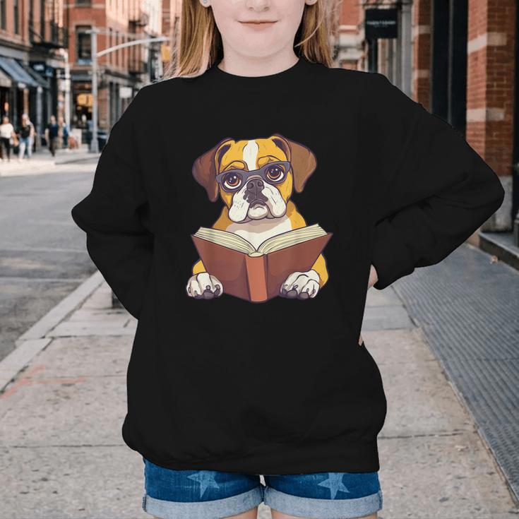 Cute Dog Boxer Reading Book Youth Crewneck Sweatshirt
