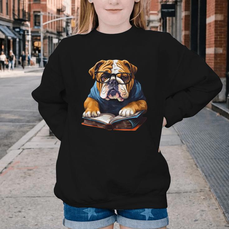 Cute Dog English Bulldog Reading Book Youth Crewneck Sweatshirt