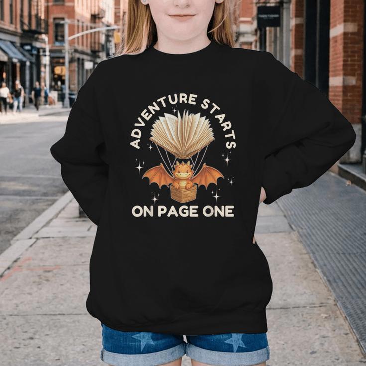 Cute Dragon Book Hot Air Balloon Adventure Fantasy Reading Youth Crewneck Sweatshirt