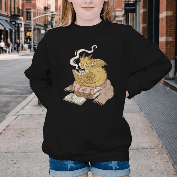 Cute Dragon Be Kind Stay Weird Read Books Youth Crewneck Sweatshirt