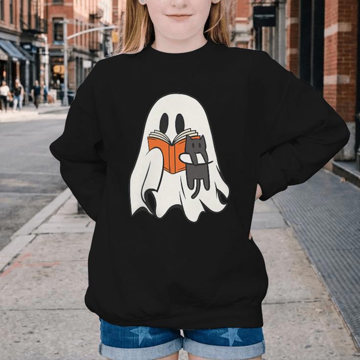 Cute Ghost Cat Reading Book Spooky Season Halloween Costume Youth Crewneck Sweatshirt